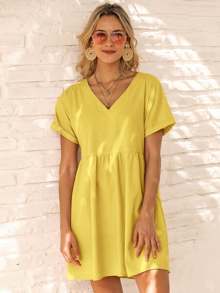 vestido corto amarillo mujer